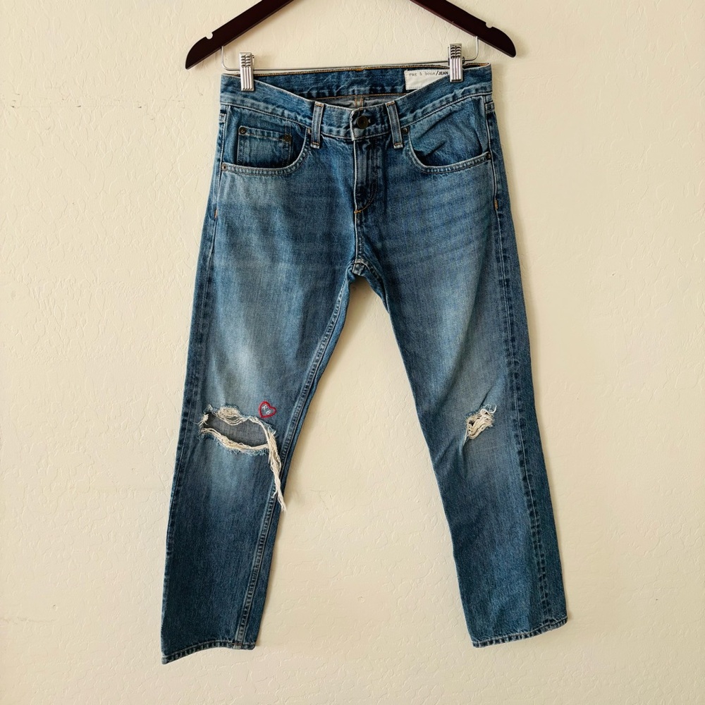 Rag & Bone Jeans Premium Denim Embroidered Size 24 Blue Boyfriend Cropped